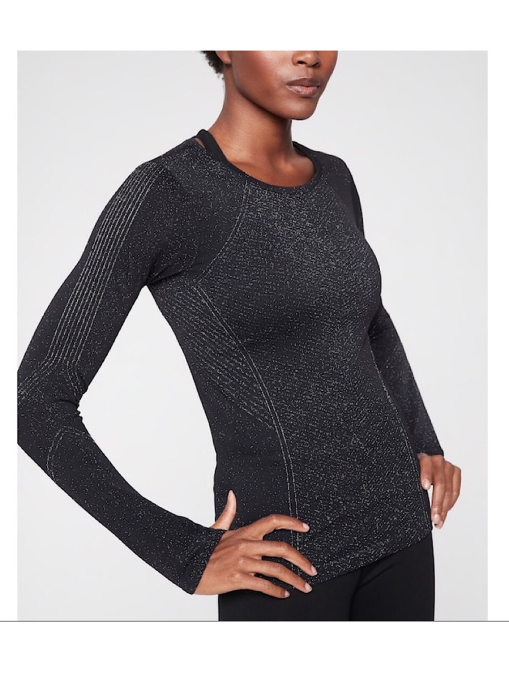 Athleta Black Glitter Metallic Crewneck Long Sleeve Base Layer- Size Medium EUC